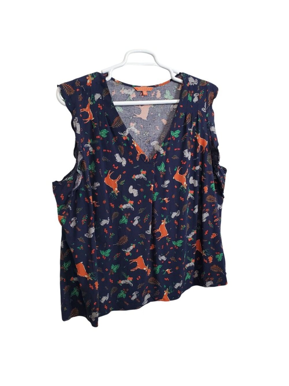 ModCloth Sz 3X Top Sleeveless Blouse Woodland Country Print Rayon V Neck Ruffle
